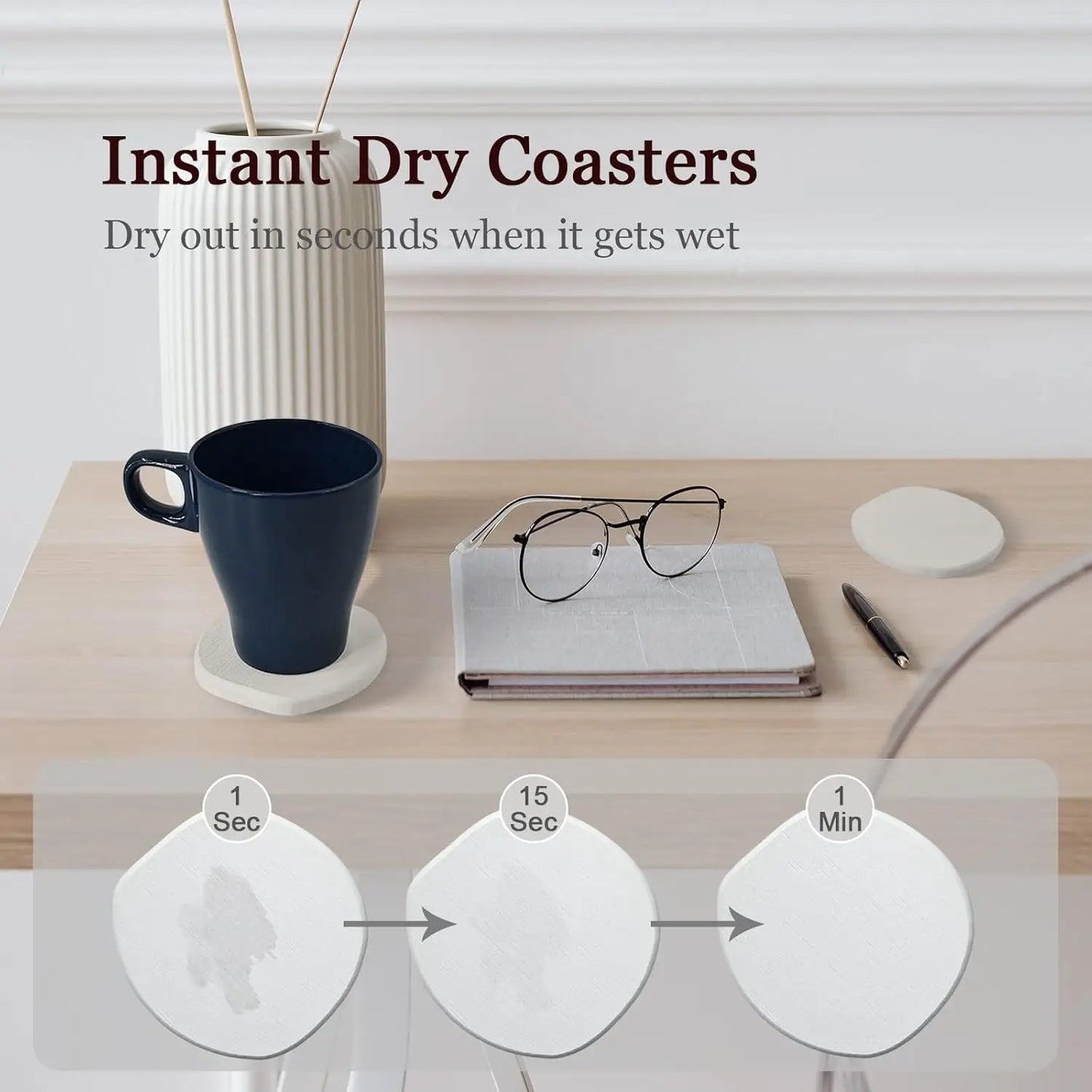Instant Dry Stone Absorbent Diatomite Coaster Set of 6 for Drinks Wine Coffee, Diatomaceous Earth Coasters for Coffee Table